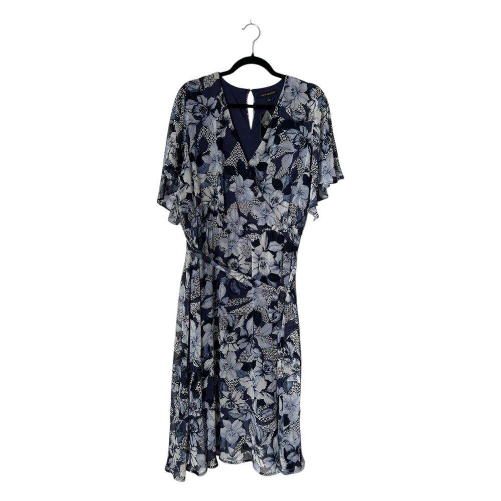 Lane Bryant Dress Size 14 Blue Floral Chiffon Faux Wrap Midi Flutter Sleeve